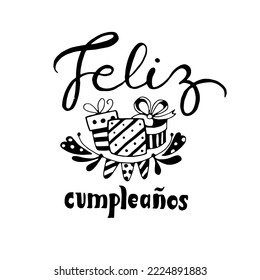 Feliz Cumpleanos, Happy Birthday in spanish language. Handdrawing lettering vector doodle illustration