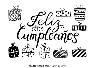 Feliz Cumpleanos, Happy Birthday in spanish language. Handdrawing lettering vector doodle illustration