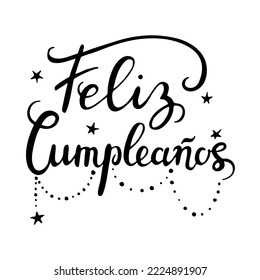 Feliz Cumpleanos, Happy Birthday in spanish language. Handdrawing lettering vector doodle illustration