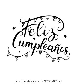 Feliz Cumpleanos, Happy Birthday in spanish language. Vector doodle illustration