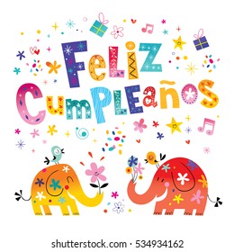 Feliz Cumpleanos - Happy Birthday in Spanish - greeting card with cute elephants