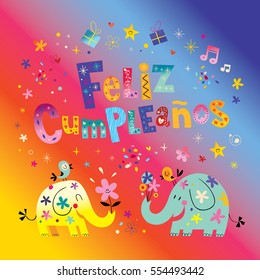 Feliz Cumpleanos Happy Birthday in Spanish greeting card with cute elephants