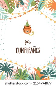 Feliz cumpleanos jungle birthday poster Feliz Cumpleanos means Happy Birthday in Spanish Tropical leaves tiger head wild bithday party invitation. Jungle party design. Safari vector illustration.
