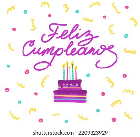 Feliz cumpleanos lettering on birthday with cake and cute curlicues