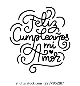 Feliz Cumpleanos Mi Amor translated from Spanish Happy Birthday My Love, hand lettering, vector illustration on white background for invitation, greeting card etc.