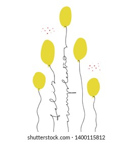 Feliz Cumpleanos one line lettering. Happy Birthday greeting phrase in Spanish. Quote on yellow balloons string isolated clipart. Anniversary postcard vector hand drawn design element