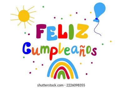 Cumpleanos Feliz traducido del español. Tarjeta de felicitación de cumpleaños para niños, español. Ilustración vectorial.