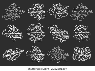 Feliz Cumpleanos translated from Spanish Happy Birthday, hand lettering set, vector calligraphic illustrations on black background for invitation, greeting card etc.