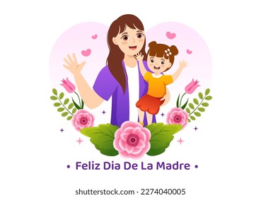 Feliz Día De La Madre Illustration with Celebrating Happy Mother Day and Cute Kids in Flat Cartoon Hand Drawn for Web Banner or Landing Page Templates