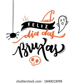 Feliz Dia Das Bruxas. Feliz Halloween. Cartas de mano portuguesas brasileñas para la festividad de Halloween con dibujos a mano. Vector. 