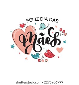 Feliz Dia Das Maes handwritten text in Portuguese (Happy Mother's day) for greeting card, invitation, banner, poster. Modern brush calligraphy, hand lettering typography on abstract pink background