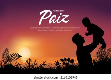 Feliz dia de la faiz design with sunset background. Happy father's day with sunset background and father holding baby.