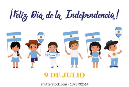 Feliz dia de la independencia. text in spanish: Happy Independence Day, 9th July. Lettering. Vector illustration. Design concept independence day celebration, card, kids logo