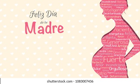 Feliz Dia de la Madre, Happy Mother's Day in Spanish language, greeting card. Pink silhouette of pregnant woman with a cloud of words inside on a yellow background with hearts. With copy space 