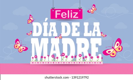 Feliz Dia de la Madre - Happy Mothers Day in Spanish language - Greeting Card. Letters on a magenta flower garden with butterflies flying around on a pastel purple sky with clouds in the background