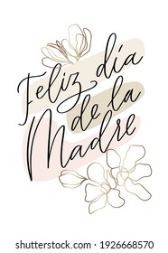 Feliz dia de la madre diseño moderno de tarjetas de felicitación con flor de oro abstracta. El texto en español dice: Feliz Día de la Madre.