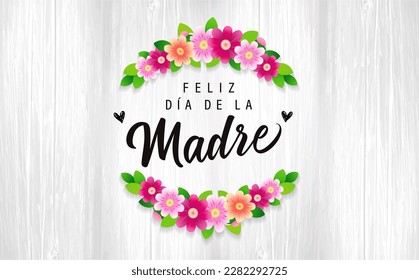 Feliz dia de la Madre inscriptions on wooden boards and branch of flowers. Text in Spanish - Happy Mother's Day. Elegant calligraphy for Mothers Day holiday. Vector illustration