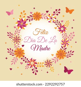 Feliz Dia De La Madre Vector Illustration. Floral wreath butterfly concept Background. Colorful celebration poster. Square banner vector illustration. Website header, social media post, greeting card