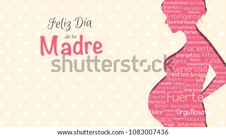 Feliz Dia de la Madre, Happy Mother's Day in Spanish language, greeting card. Pink silhouette of pregnant woman with a cloud of words inside on a yellow background with hearts. With copy space 