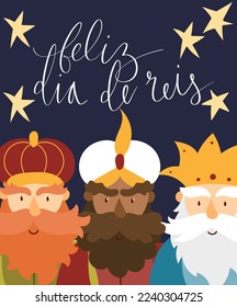 Feliz Dia de Reis Übersetzung glückliche Könige Tag handgeschriebene Kalligraphie Vektor. Happy epiphany-Feierlichkeiten, 3 weise Herrengrafik