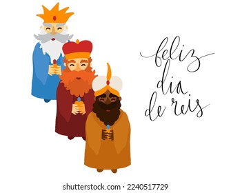 Feliz Dia de Reis Übersetzung glückliche Könige Tag handgeschriebene Kalligraphie Vektor. Happy epiphany-Feierlichkeiten, 3 weise Herrengrafik