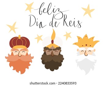 Feliz Dia de Reis Übersetzung glückliche Könige Tag handgeschriebene Kalligraphie Vektor. Happy epiphany-Feierlichkeiten, 3 weise Herrengrafik