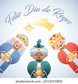 Feliz Dia de Reyes. Feliz Dia dos Reis em Espanhol. Ilustração bonita dos Três Reis ou Três Sábios e a estrela cadente de Belém. Ilustração vetorial.