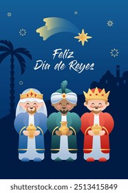 Feliz Dia de Reyes. Feliz Dia dos Reis em Espanhol. Personagens bonitos dos Três Reis ou Três Sábios. Ilustração vetorial.