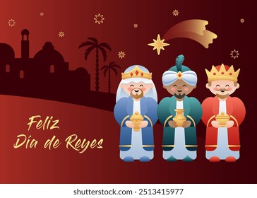 Feliz Dia de Reyes. Feliz Dia dos Reis em Espanhol. Personagens bonitos dos Três Reis ou Três Sábios. Ilustração vetorial.