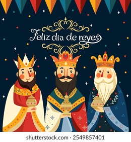 Feliz Dia de Reyes. Feliz epifania em espanhol. O cartão de saudação dos reis mágicos das árvores