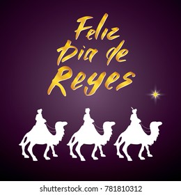 Feliz Dia de Reyes, Happy Day of kings, Calligraphic Lettering. Typographic Greetings Design. Calligraphy Lettering for Holiday Greeting. Hand Drawn Lettering Text Vector illustration.