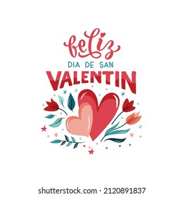 Feliz Dia De San Valentin handwritten text in Spanish meaning Happy Valentine's Day. Hand drawn lettering with hearts. Festive typography for greeting card template or poster concept. Romantic quote