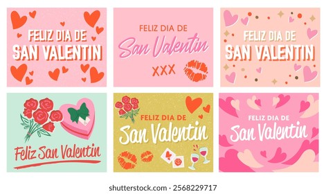 Feliz Dia de San Valentin elegant horizontal postcards. Happy Valentine's Day text in Spanish. Hand-drawn illustrations for Valentine's Day