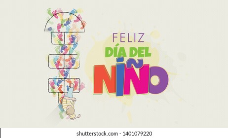 Feliz Dia del Nino greeting card - Happy Children's Day in Spanish language. Child's drawing seen from above starting to jump the game of hopscotch drawn on the floor full of colorful footsteps 