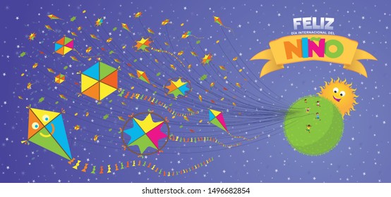 Feliz Dia del Nino greeting card - Happy Children's Day in Spanish language. Children running on a green planet flying many kites with a happy sun behind the planet on a purple sky in the background