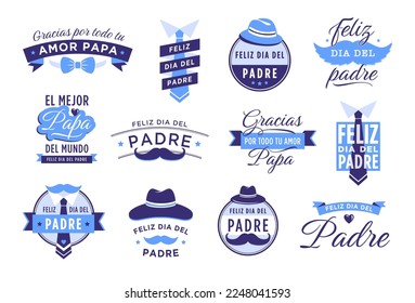 Feliz dia del padre badges. Spanish lettering means happy fathers day and congratulations dad. Calligraphy with mustache and father hat vector set. Daddy day celebration, festive holiday text