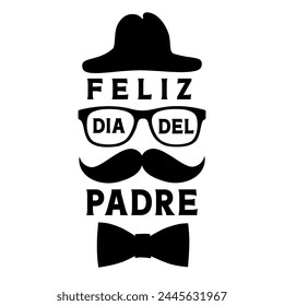 Feliz dia del Padre, different stickers for fathers day social banners. Translation - Happy Father's Day. Spanish lettering with hat, glasses, mustache and bow tie. Vector illustration