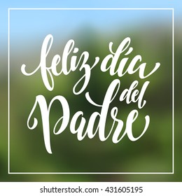 Feliz Dia del Padre greeting card text. Feliz Dia del Padre lettering. Spanish Dia Padre hand drawn calligraphy flourish lettering on blurred summer background wallpaper.