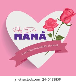 Feliz dia mamá lettering and rose, greeting card. Text in Spanish - Happy Mother's Day. Ink calligraphy for Mothers Day holiday. Vector illustration