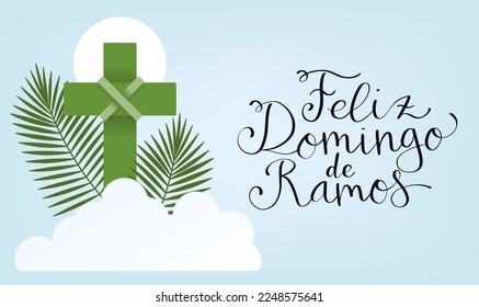 Feliz Domingo de Ramos translation from portuguese Happy Palm Sunday. Handwritten calligraphy lettering with palm leaf, holy cross, clouds vector illustration. Web banner template.