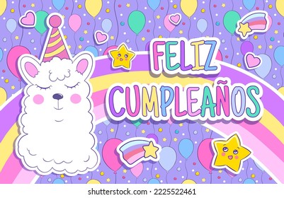 Feliz cumpleaños - Happy Birthday in spanish language. Vector cartoon greeting card