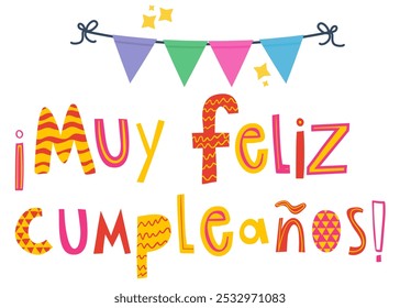 Feliz Cumpleaños Feliz Aniversário Espanhol Texto colorido, Design de tipografia festiva, Decoração de celebração alegre, Elementos de saudação de aniversário, Arte de texto vibrante