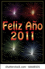 Feliz Año Happy New Year card 2011 with fireworks.