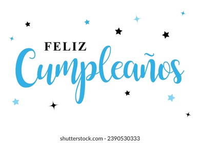 "feliz cumpleaños" means happy birthday in spanish. Light blue, white background illustration