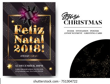 Feliz Natal 2018! Merry Christmas in Portuguese. Stylish Black Greeting Card Design. Vector Elegant Invitation Template. Xmas Celebration. Dark Background with Shining Text and Gold Glitter Stripes.