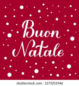 Feliz Natal calligraphy hand lettering on red background with snow confetti. Merry Christmas typography poster in Italian. Easy to edit vector template for greeting card, banner, flyer, invitation.