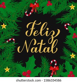 Feliz Natal calligraphy hand lettering with fir tree branches. Merry Christmas typography poster in Portuguese. Vector template for greeting card, banner, flyer, etc.