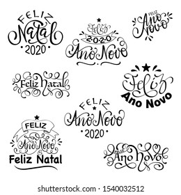 Feliz Natal e Feliz Ano Novo - Portuguese Merry Christmas Set of Calligraphic brazilian Inscription. Greeting card, Lettering invitation with happy New year and Merry Christmas. 