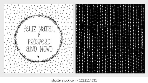 Feliz Navidad y Feliz Año Nuevo. Tarjeta vectorial de Navidad portuguesa y patrón. Líneas blancas y puntos en un fondo negro. Texto negro escrito a mano. Fondo blanco.