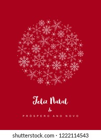 Feliz Natal e Prospero Ano Novo - Merry Christmas and Happy New Year. Christmas Vector Card with Portuguese Text. White Delicate Design on a Dark Red Background. Circle Frame Made of Snowflakes.